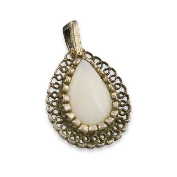 Vintage Opal Sterling Silver Necklace Pendant Teardrop Pear Filigree - Picture 2 of 5